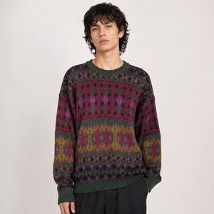 Kalaroo Australia Mens M Green Multi Pure Wool Geometric Fair Isle Sweater Retro